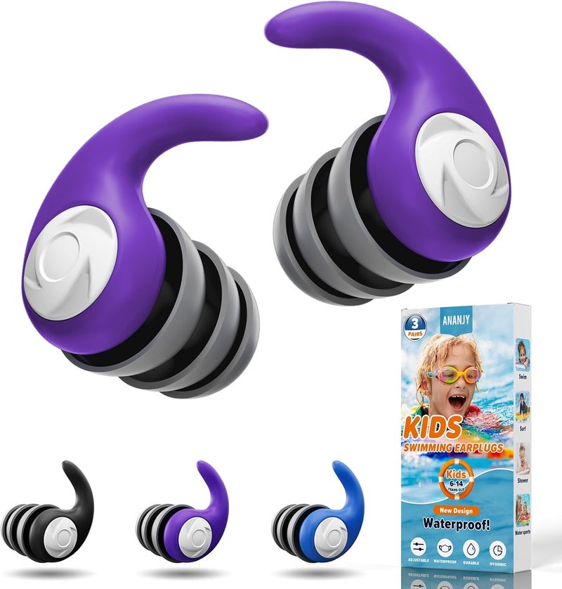 ANANJY Waterproof Swimming Ear Plugs for Kids - 3 Pairs of Reusable Soft Silicone Swim Earplugs,Ear Protection for Children (4-12 Years Old) - Ideal for Surfing, Diving, Pool, Showering, and Water Sports - Image 1